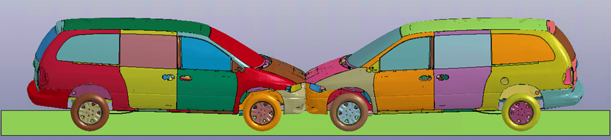 Graphic of two multicolored cars in a head-on collision.
