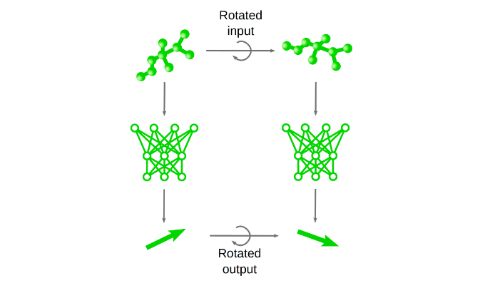 On the top left corner, there is a sketch of a molecule. An arrow indicates it is an input to the neural network below. Another arrow from the network from a vector below (in the shape of a large arrow) shows that it is the neural network's output. This shows the usual input-network-output pipeline. This same pipeline appears on the right side, this time with the same molecule in another orientation, rotated from the left. It also connects to the network below and its output, which is rotated correspondingly. These two pipelines are connected with the words “Rotated input” at the top and “Rotated output” at the bottom. This shows that with equivariant networks, the rotation or network operation order does not matter; one can either rotate and pass through the network or pass through the network and then rotate; the result is the same as in the bottom right corner of the image. 